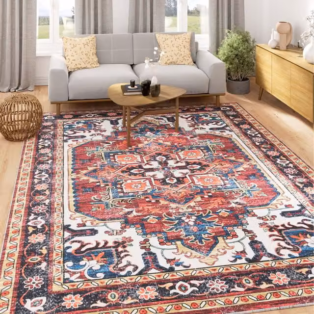The Rug House Terracotta Traditional Washable Oriental Rug in Red and Blue, 190 cm