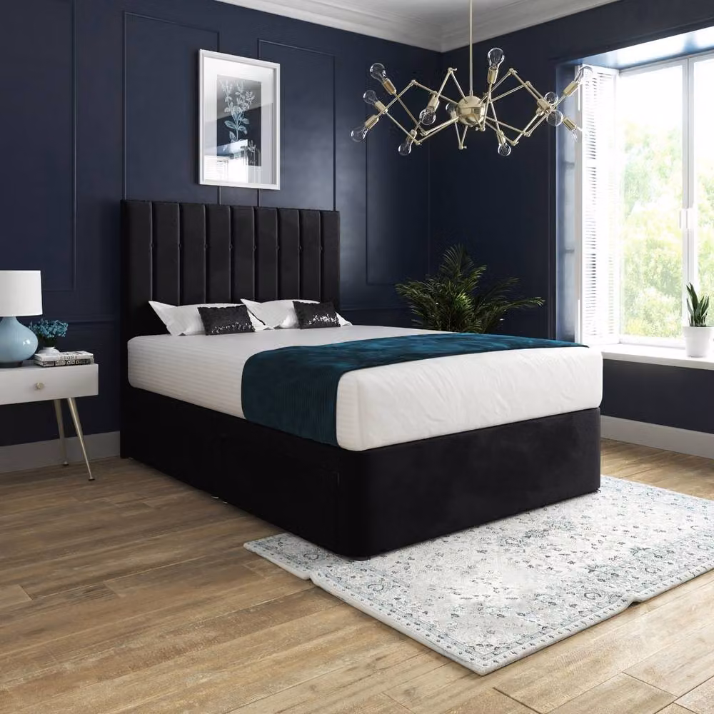 Casani Leyburn Modern Upholstered Velvet Bed Frame with Drawers, Black, W/D/H: 90 x 200 cm – 2