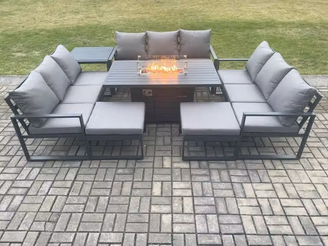 Fimous 11 Seater Aluminium Garden Furniture Set with Gas Fire Pit Dining Table, 2 Footstools and Side Table in Dark Grey