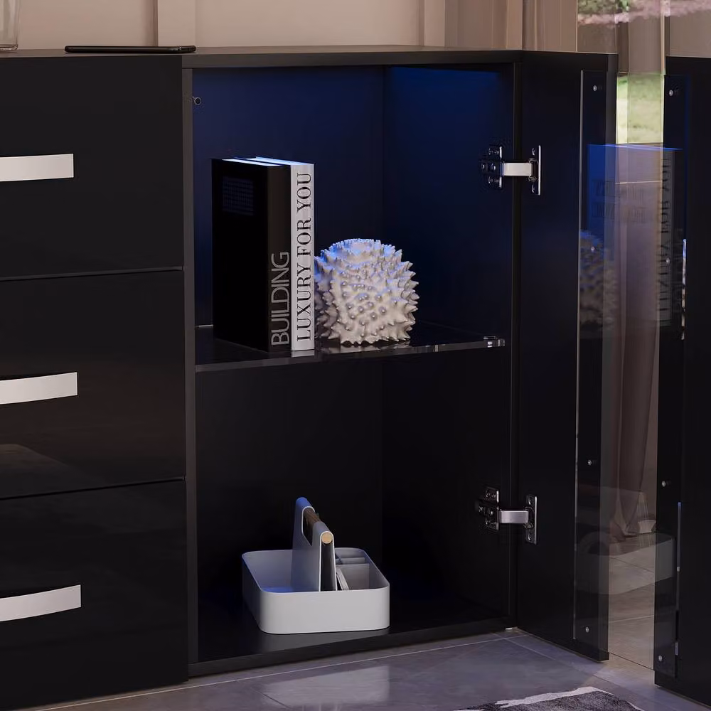 HD Designs Astro Modern Glossy Black Sideboard Cabinet with 2 Doors, 3 Drawers and Integrated LED Lighting – 4