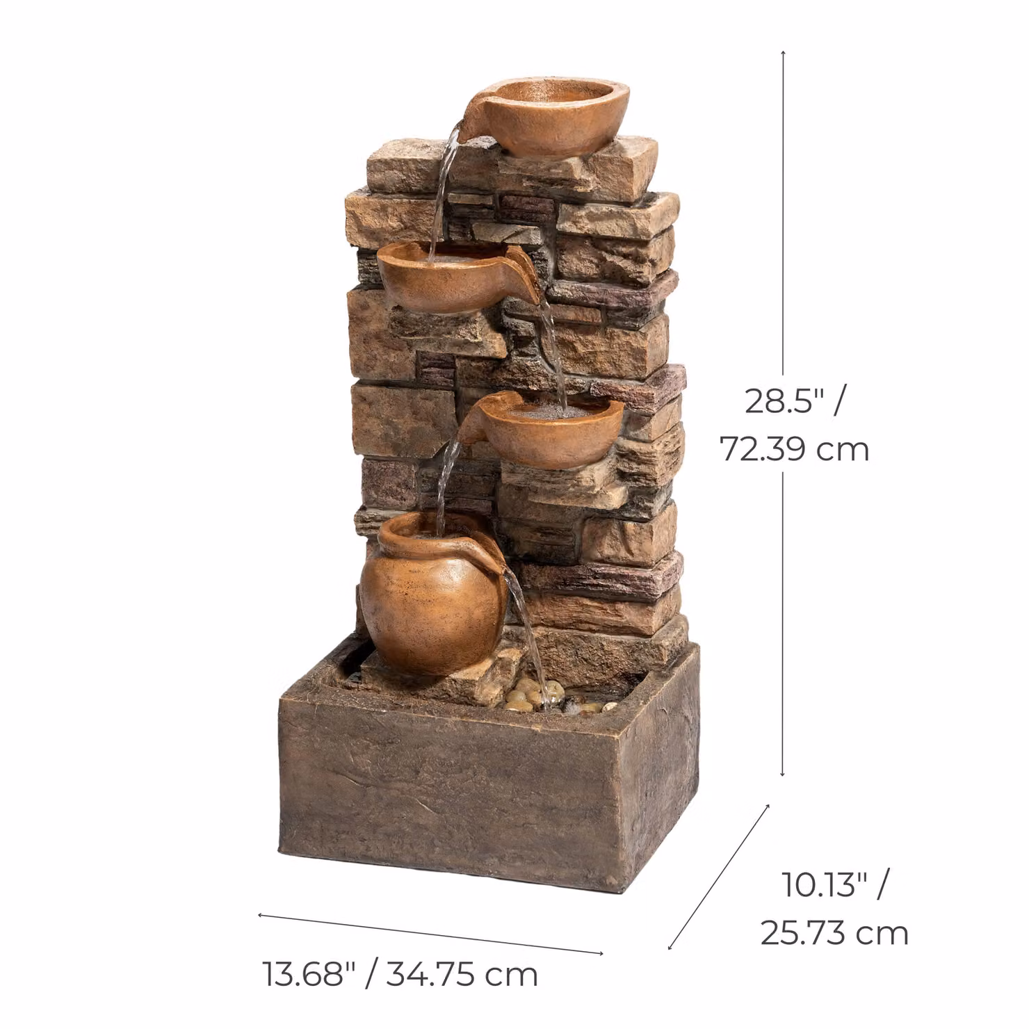 Teamson Home Brown 4-Tier Stacked Stone Cascading Outdoor Water Fountain with LED Lights, Height: 72.3 cm – 3