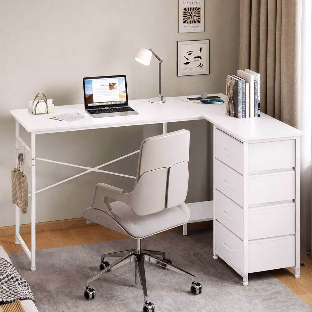 Levede Reversible L-shaped Corner Desk with 4 Drawers in White for Home Office or Gaming, W/D/H: 135 x 150 x 75 cm – 2