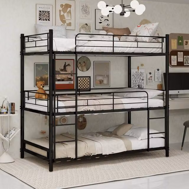 Matteo Black Three-Layer Reinforced Iron Bunk Bed, Single Size, W/D/H: 90 x 200 cm – 1