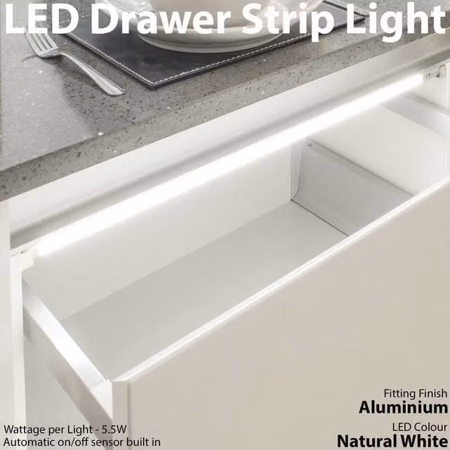 Loops 3-Pack LED Drawer Strip Lights with PIR Motion Sensor, Silver Aluminium Under Cabinet Lighting for Kitchen Cupboards, 800 mm – 1