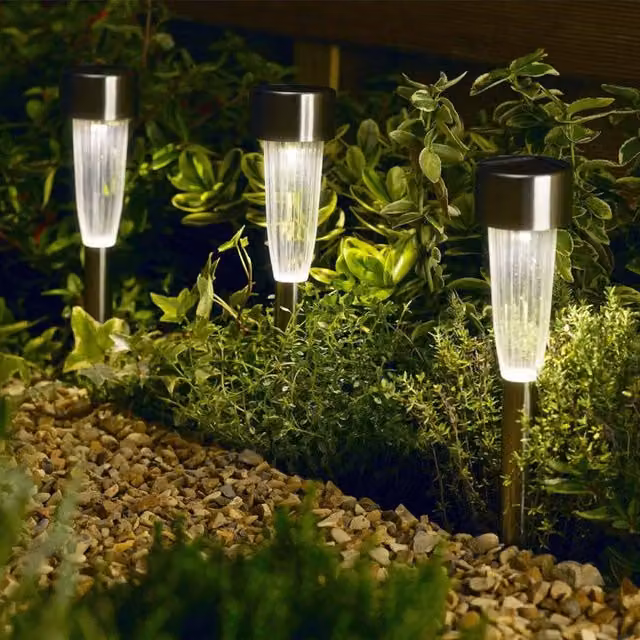 Smart Solar Pack of 10 Modern Fluted Garden Stake Lights with Dusk Sensor in Silver