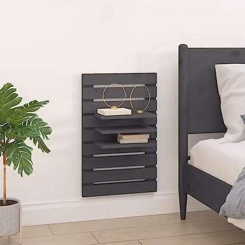 vidaXL Set of 2 Grey Solid Pine Wood Wall-Mounted Bedside Shelves – 3
