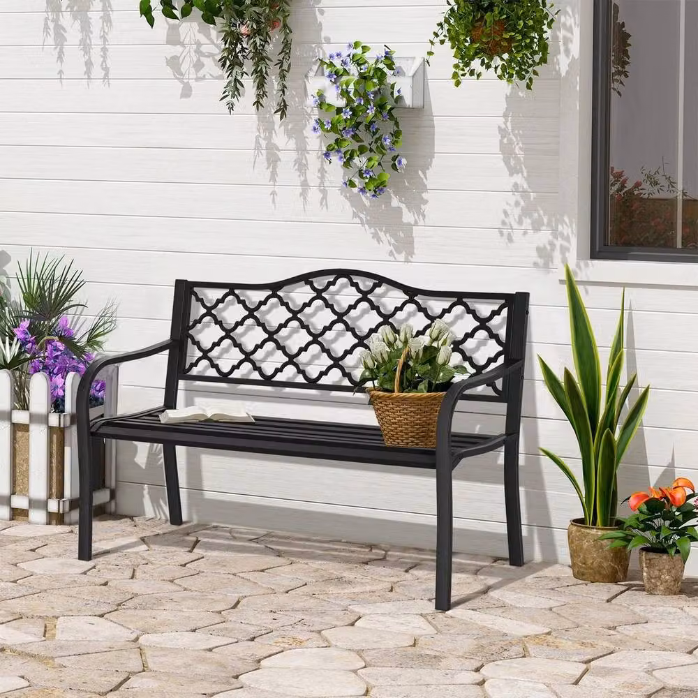 NESTLUNE Antique Black Cast Iron 2-Seater Garden Bench, W: 100 cm, D: 60 cm – 3