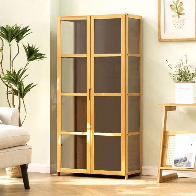 EONLION 4-Tier Bamboo Display Case with Glass Doors, Brown, H x W x D: 130 x 100 x 33 cm