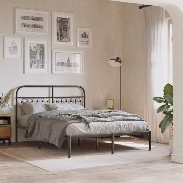 Berkfield Home Metal Bed Frame with Headboard, Black, W: 135 cm, L: 190 cm