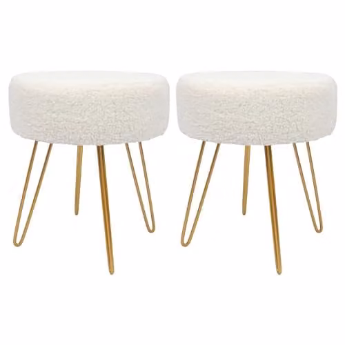 Harbour Housewares Pack of 2 Round Boucle Footstools in Beige with Gold Metal Legs, H41 x D45 cm