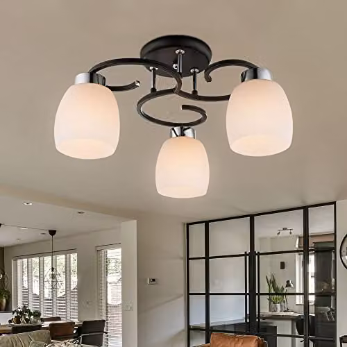 Netlighting Pessoa Iv Semi Flush Ceiling Lamp with Black Glass Shades and Chrome Metal Details, 3x E27 – 3