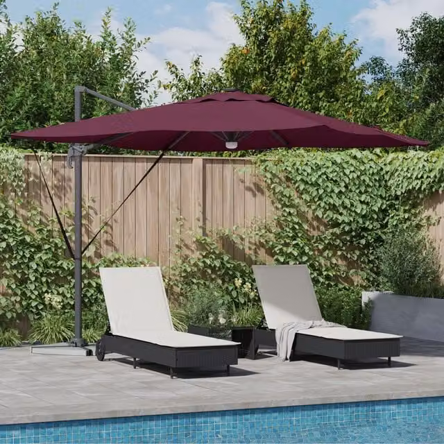 Berkfield Home Roma Cantilever Parasol with LEDs in Bordeaux Red, Aluminium, W/D/H: 285 x 284 x 270 cm