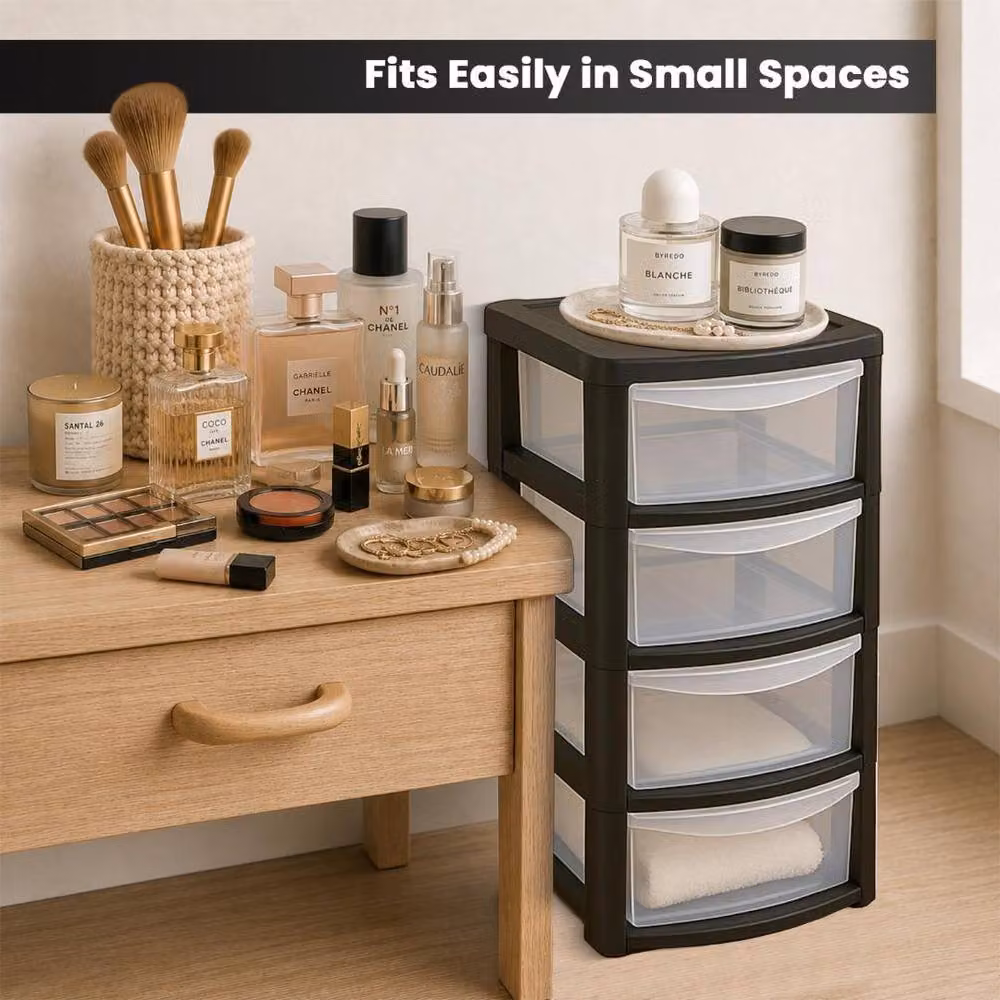 MANTRARAJ 4-Tier Mini Tower Storage Organiser with Plastic Drawers, Black and Transparent, W/D/H: 40.0 x 26.0 x 19.0 cm – 5