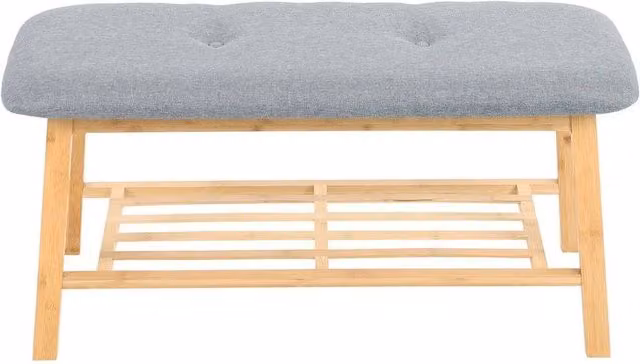 EONLION 2 Tier Bamboo and Wood Shoe Bench in Grey, W: 100 cm x D: 40 cm x H: 1 cm