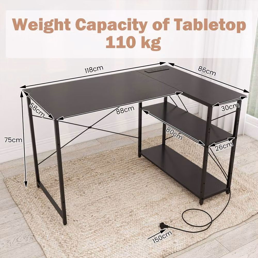 Costway L-shaped Corner Computer Desk with Power Outlet and Reversible Shelves in Black – 2