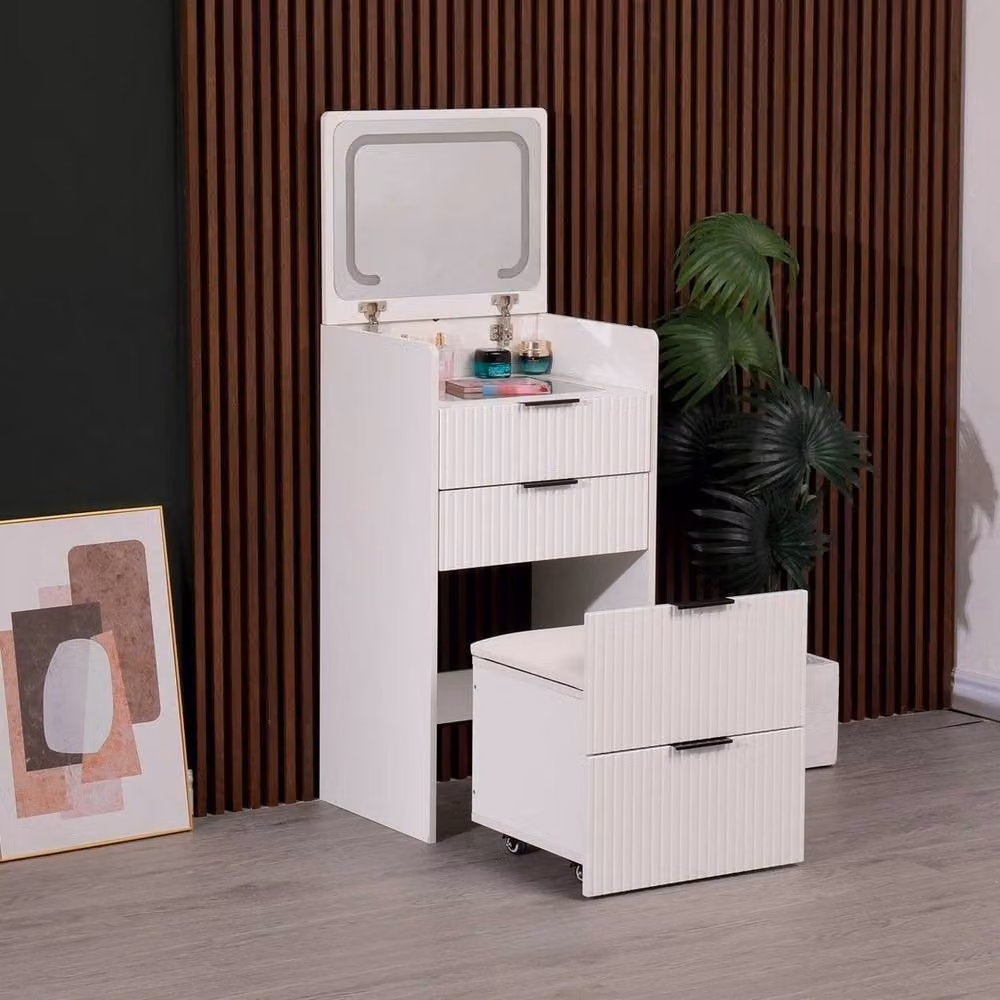 PAWNORA Modern White Makeup Vanity Dressing Table and Stool Set with Hollywood LED Mirror and Lift Mechanism – 1