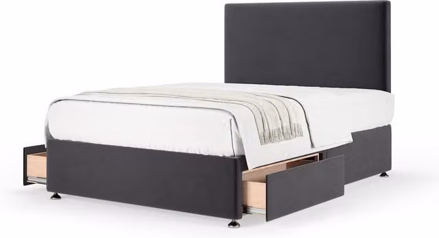 Bedmaster Plush Velvet Upholstered Divan Base with Storage Drawers and Plain Headboard in Grey