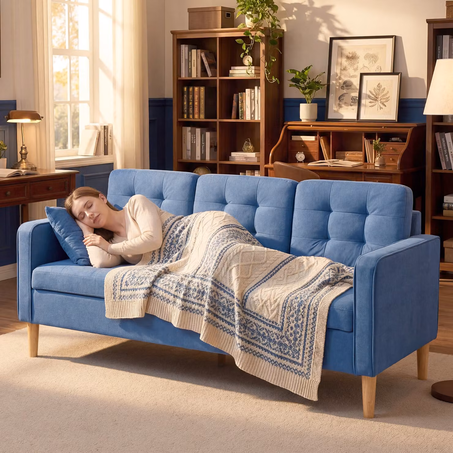 HOMCOM 3 Seater Blue Fabric Sofa with Hidden Storage and Wood Legs, W: 169 cm, H: 82 cm, D: 33.7 cm – 7