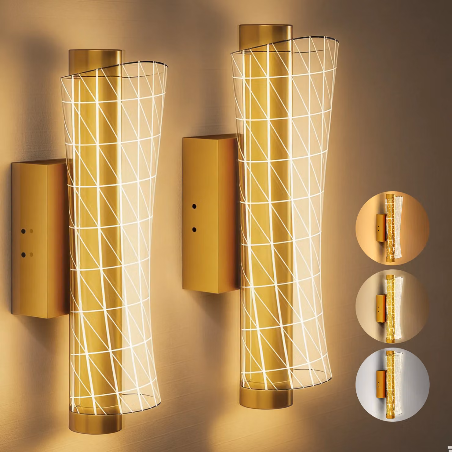 HOMCOM Set of 2 Modern LED Geometric Wall Lamps in Gold/Brass – 2