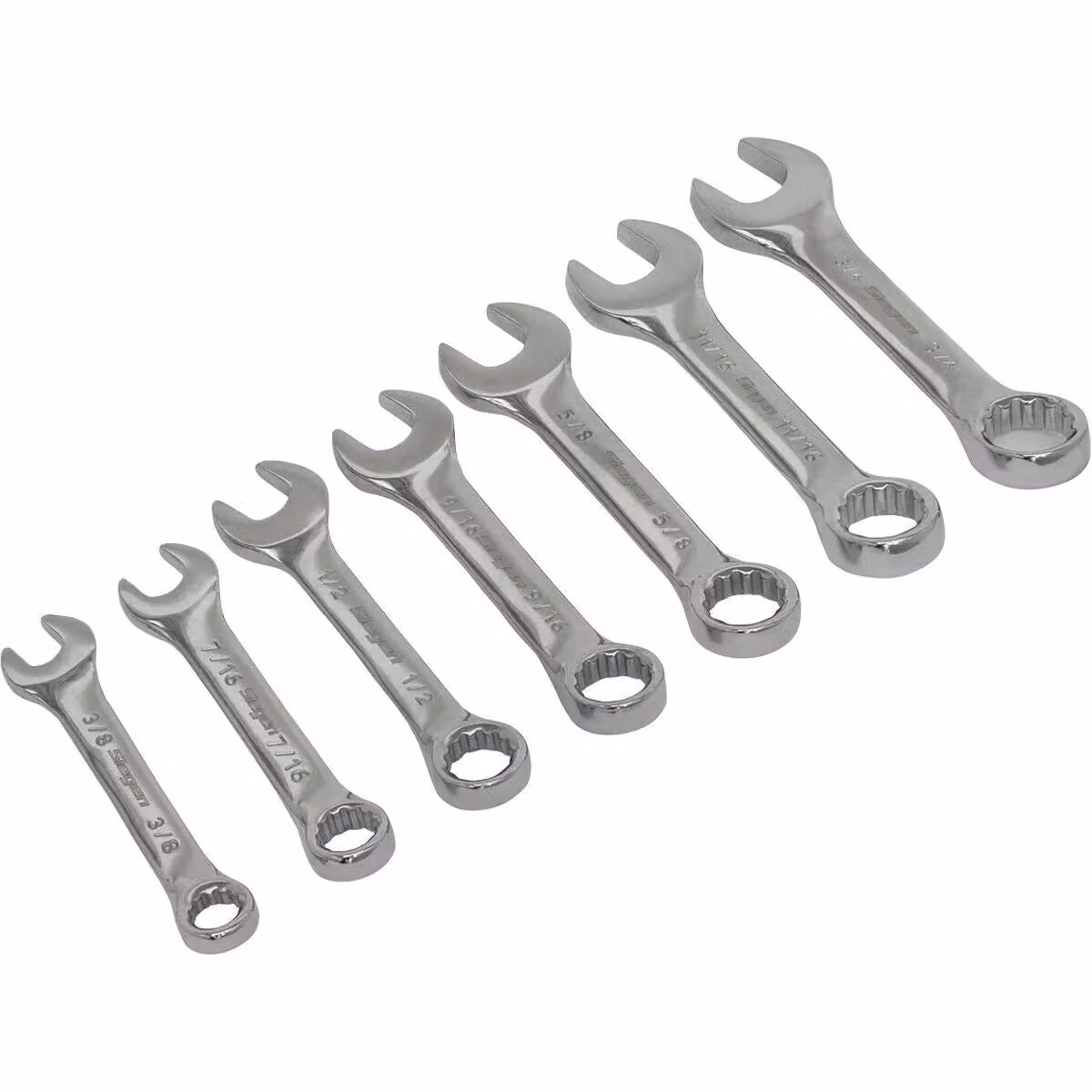 Loops 7pc Stubby Short Handled Combination Spanner Set in Silver Chrome Vanadium Steel with 12 Point Imp Ring Open Head – 3