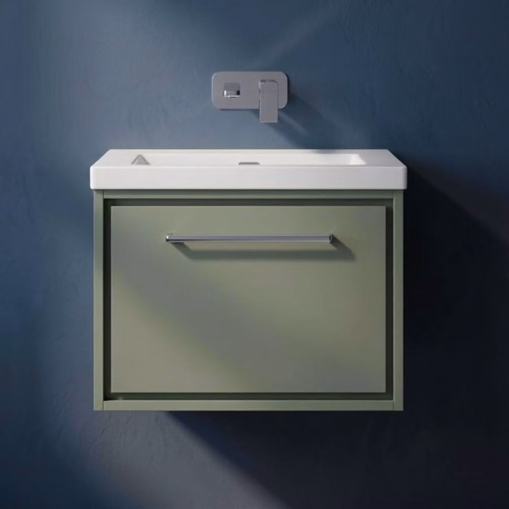 Balterley Wall Hung Modern Bathroom Vanity Unit with Single Soft Close Drawer and Stone Basin in Matt Green W/D/H: 613 x 462 x 476 mm – 2
