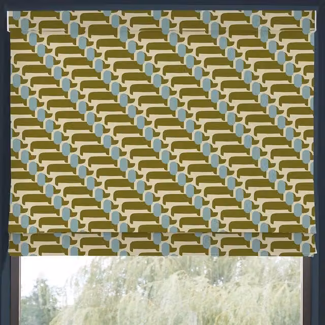 Orla Kiely Dog Show Made to Measure Blackout Roman Blind in Seagrass with Yellow and Green Animal Floral Pattern