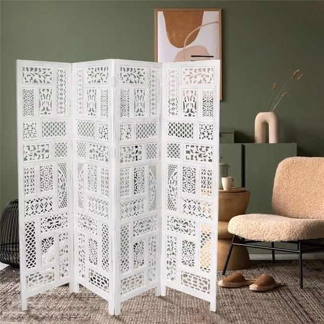 Topfurnishing 4 Panel Heavy Carved Wooden Room Divider Screen with Geometric Circle Design in White
