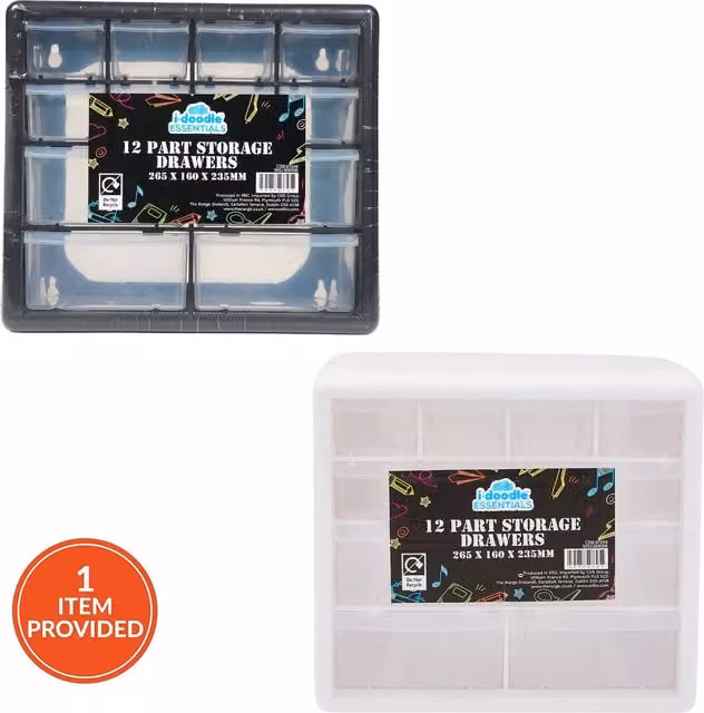 i-doodle essentials 12 Part Multi-Compartment Plastic Storage Drawers in White, Black or Transparent