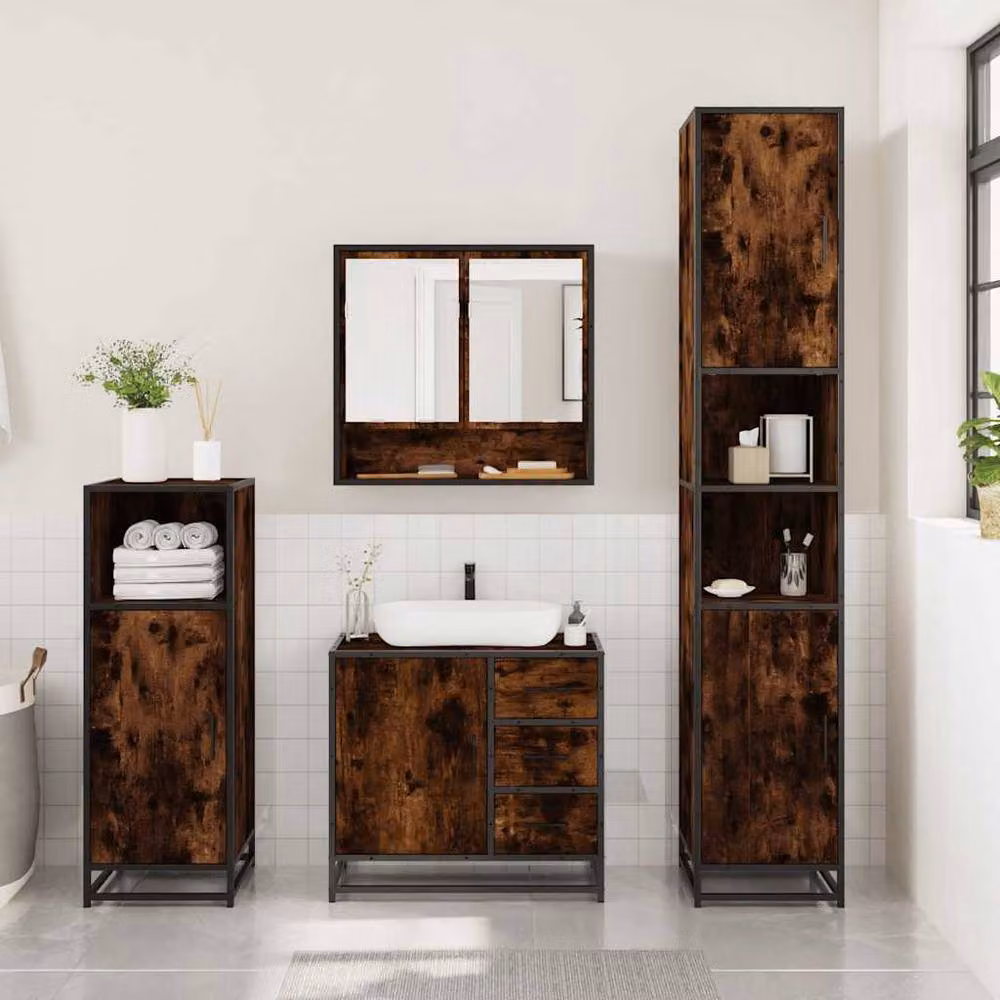 Berkfield Home 3 Piece Industrial Bathroom Furniture Set in Smoked Oak Brown – 3