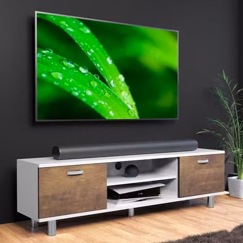 AVF Modern Rectangular Wood TV Floor Stand in White and Brown, suitable for up to 65 inch screens and 50kg, featuring open and closed storage with cable management, Height: 150 cm – 1