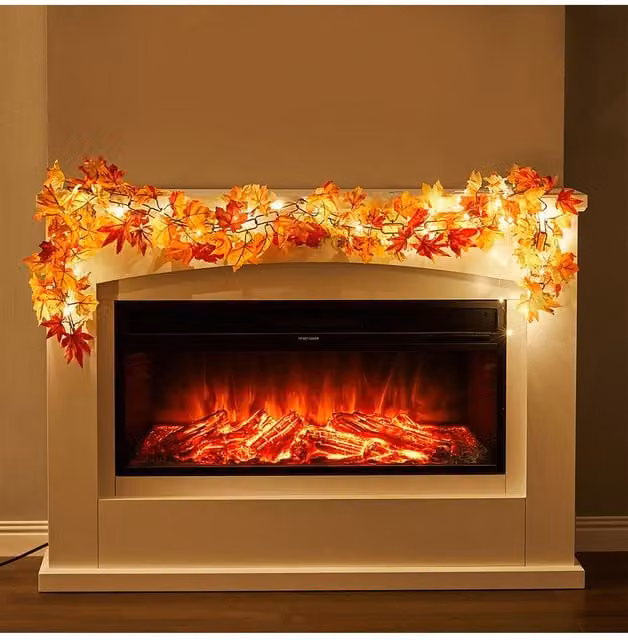 Living and Home Pre-Lit Autumn Maple Leaf Vine Garland in Orange, 1.7m