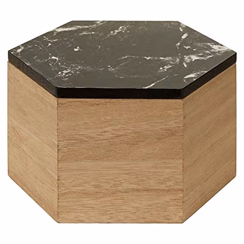 Premier Housewares Black and White Marble Effect Hexagonal Wooden Trinket Box with Lid W/D/H: 16.0 x 11.0 x 18.0 cm