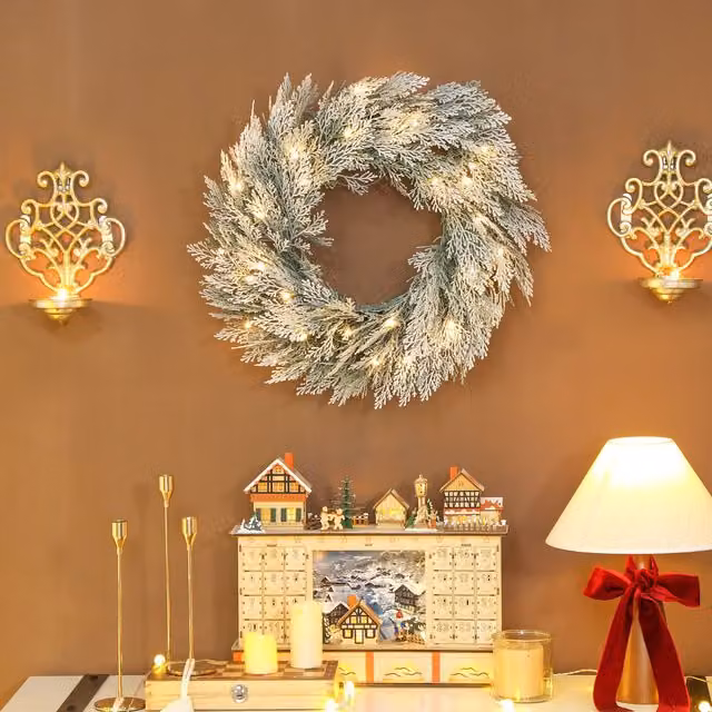 HOMCOM Round Flocked Christmas Wreath with Timer in Green, Silver and White, Diameter: 60 cm