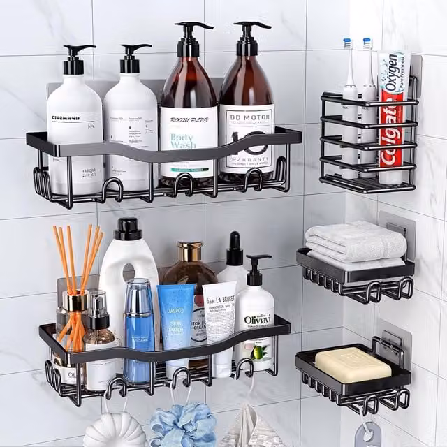 Dragodirect 5 Pack Stainless Steel Shower Caddy Set in Black, Rustproof Wall-Mountable Bathroom Storage Organiser with Adhesive Stickers