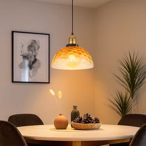 Globo Lighting Retro Amber Glass Dome Pendant Light with Brass and Black Metal Finish, D 25 cm x H 120 cm – 3