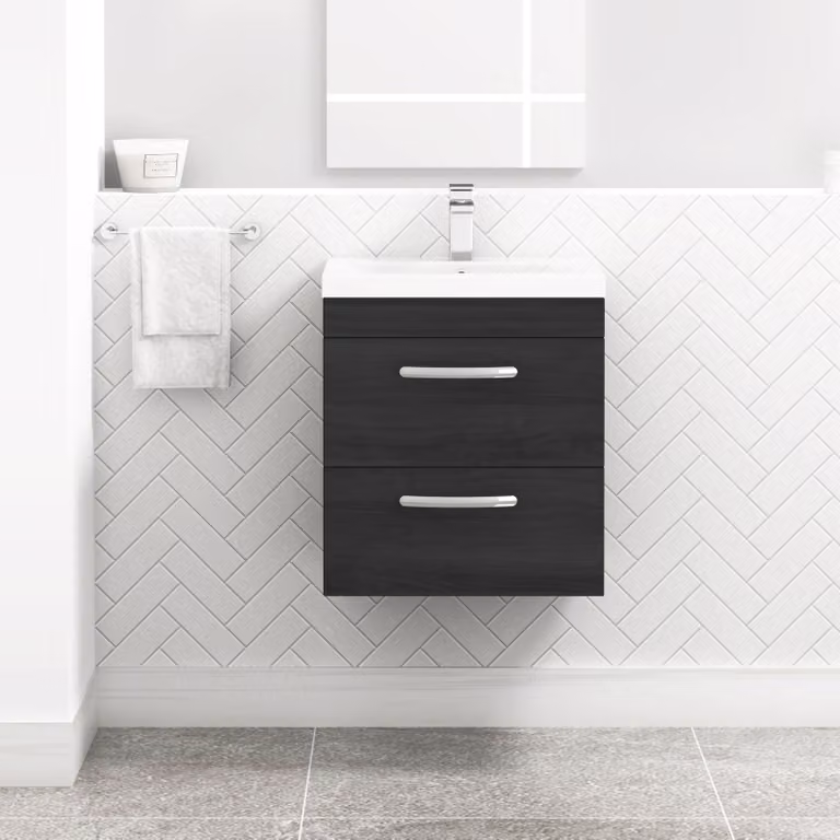 Royal Bathrooms Turin Wall Hung Vanity Unit in Hale Black with 2 Drawers and Mid-Edge Sink, Width: 50 cm