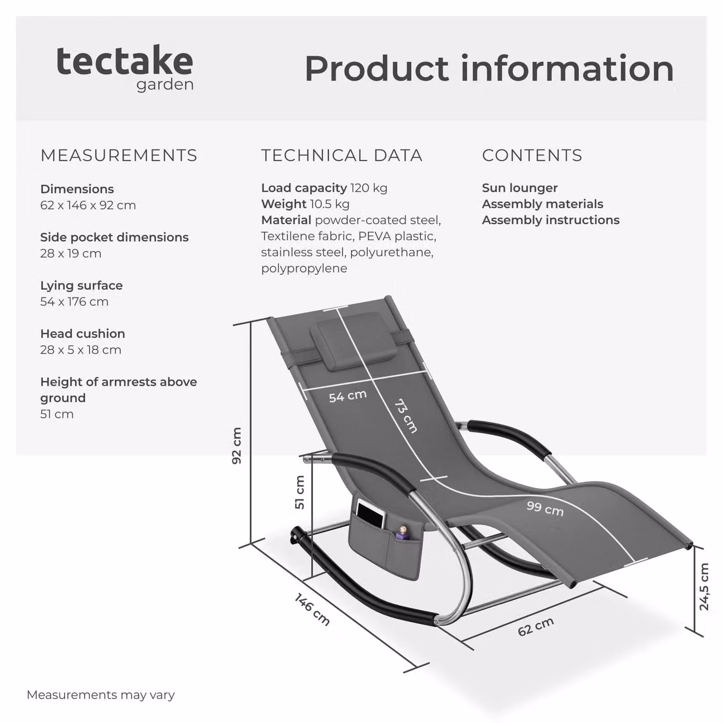 tectake Taya Sun Lounger in Grey with Textilene Fabric and Powder Coated Steel Frame – 6