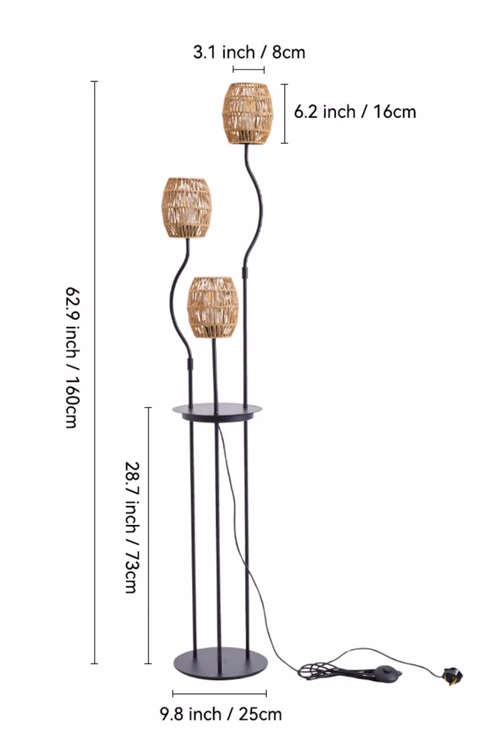 Living and Home Vintage 3-Light Braid Floor Lamp in Black with Rattan Cylinder Lampshades, Height: 160 cm – 3