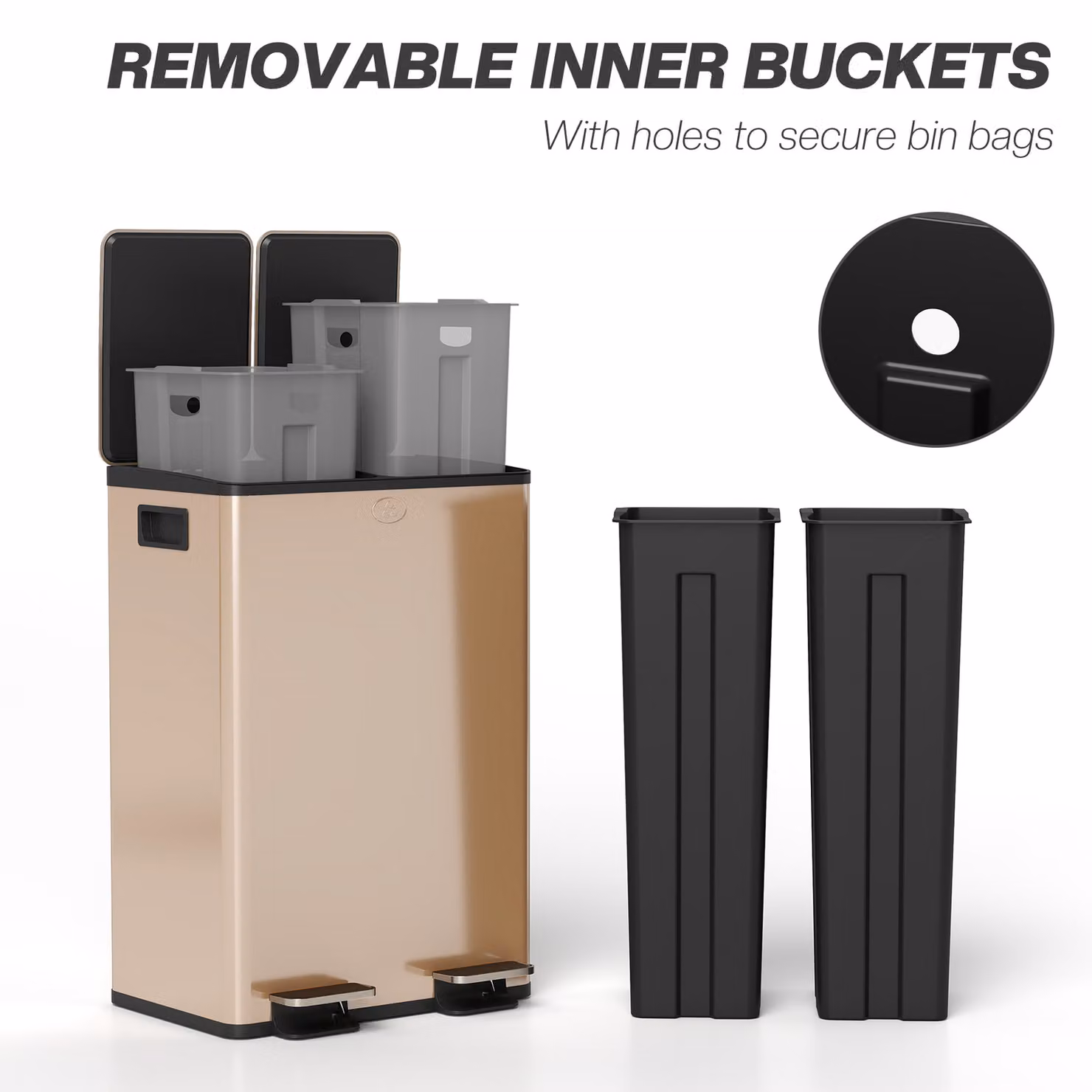 HOMCOM 56L Dual Compartment Stainless Steel Pedal Bin with Deodoriser Holders, Gold Tone – 7