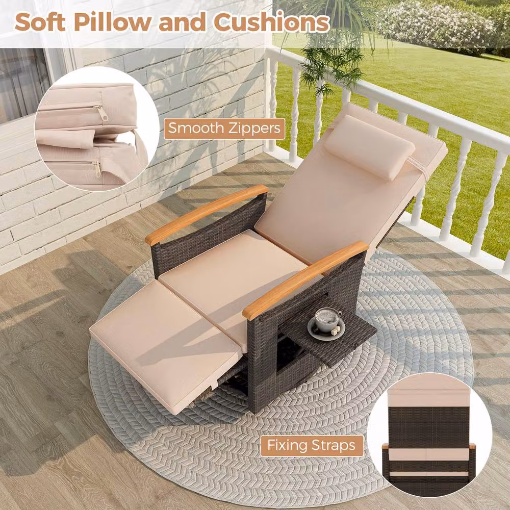 Gymax 360 Swivel Wicker Lounge Chair with Flip Side Table and Adjustable Headrest in Brown – 8