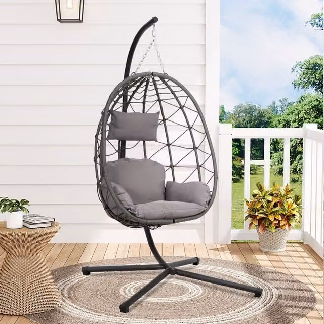 Komore Grey Hanging Chair with Cushion in Rattan and Steel