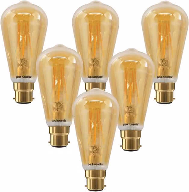 Paul Russells 7W ST64 LED Filament Bulb, B22, 725lm, 2200K Extra Warm White, Dimmable, Pack of 6