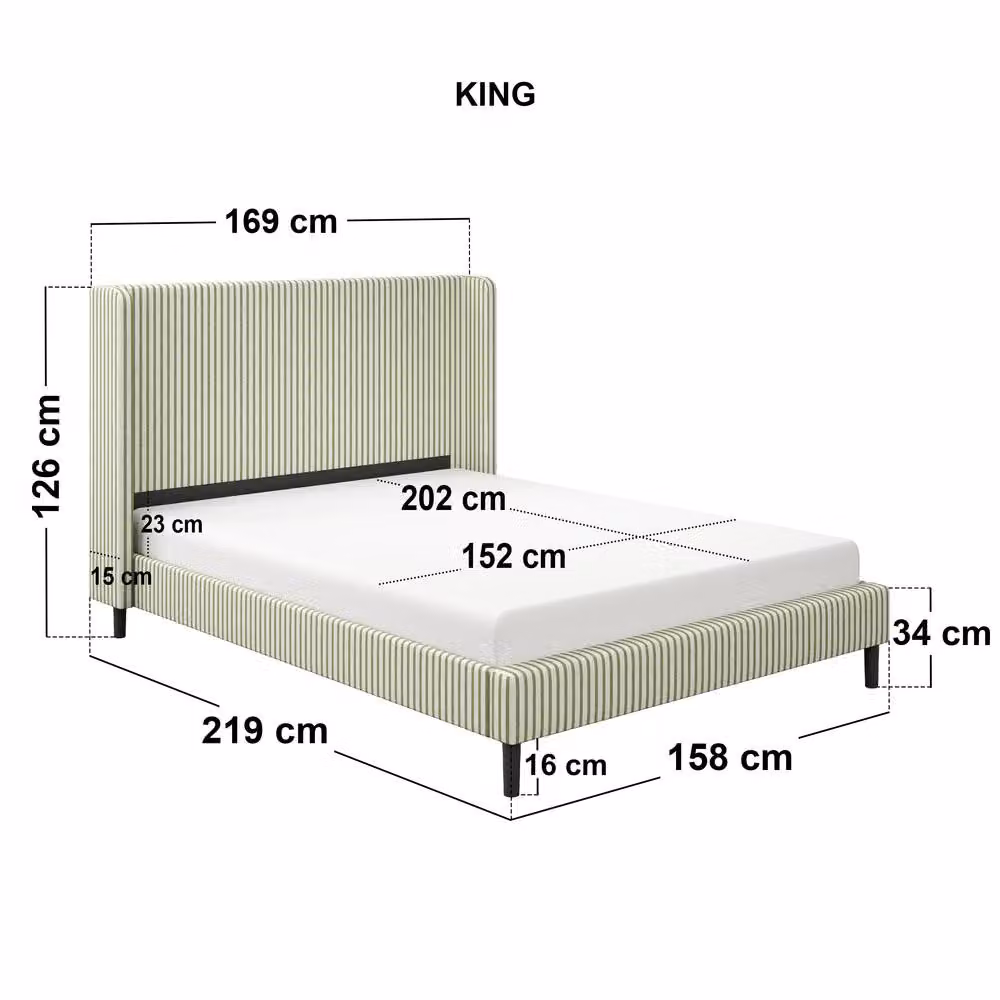 Solace+Co Jovanna King Upholstered Bed with Winged Headboard in Green Striped Fabric, W/D/H: 180 x 200 cm – 3