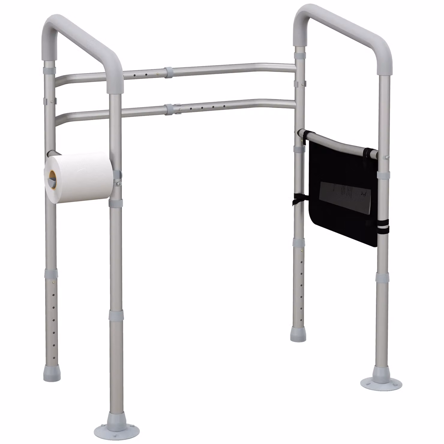 HOMCOM Height and Width Adjustable Aluminium Toilet Frame Grab Bar with Tips Storage in Silver – 2