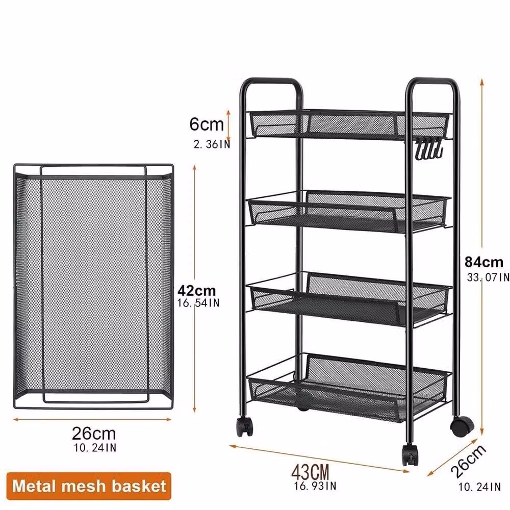 FORGEVIO 4-Tier Mobile Kitchen Storage Trolley Rack, Black Metal Vegetable Shelving Unit – 2