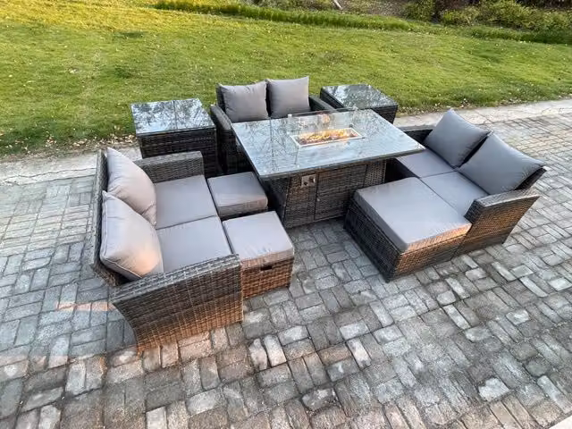 Fimous High Back Rattan Garden Furniture Sofa Set with Gas Firepit Dining Table in Dark Grey