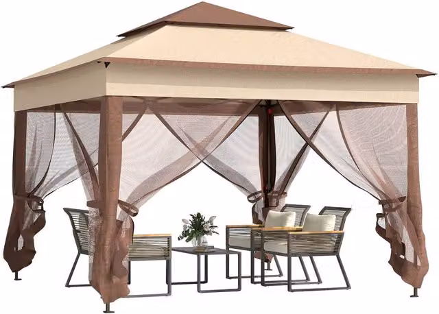 Rolipo Pop Up Gazebo Double Roof with Netting, Beige, W: 300 cm, D: 300 cm, H: 270 cm