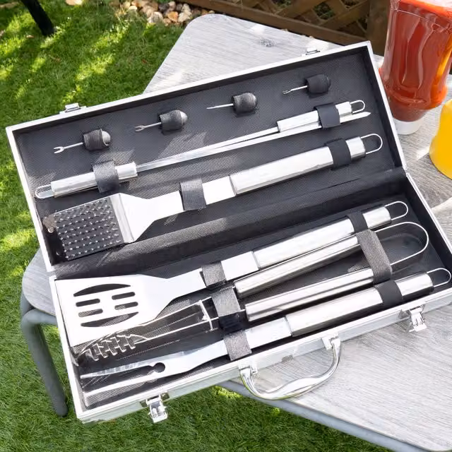 Treat Factory 10 Piece Stainless Steel BBQ Tool Set with Aluminium Carry Case in Silver and Multicolour