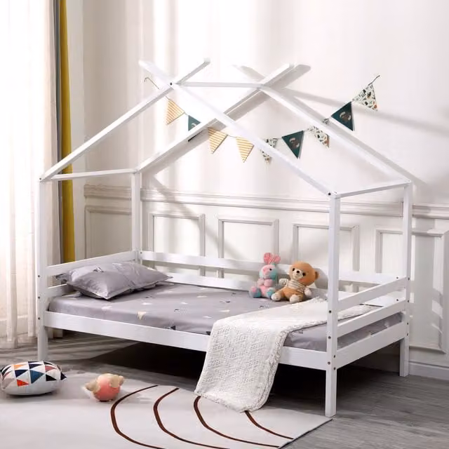 SlumberWorx Teddy Kids Solid Wood House Bed Frame in White or Grey, W/D/H: 90 x 200 cm