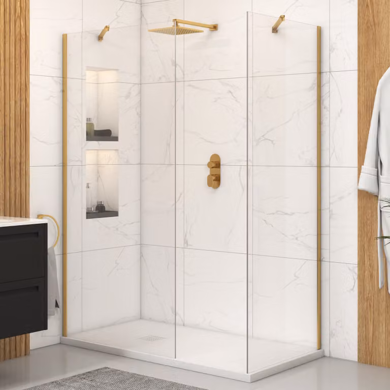 Royal Bathrooms Marbella Walk In Shower Enclosure with White Mineral Cast Stone Tray and 8mm Easy Clean Glass, Brushed Brass/Gold, W: 100 cm, D: 70 cm